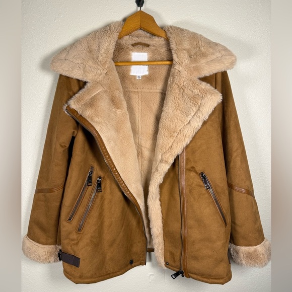 Steve Madden Women’s Faux Shearling Fur Bomber Jacket In Cognac Size Small - Picture 7 of 12